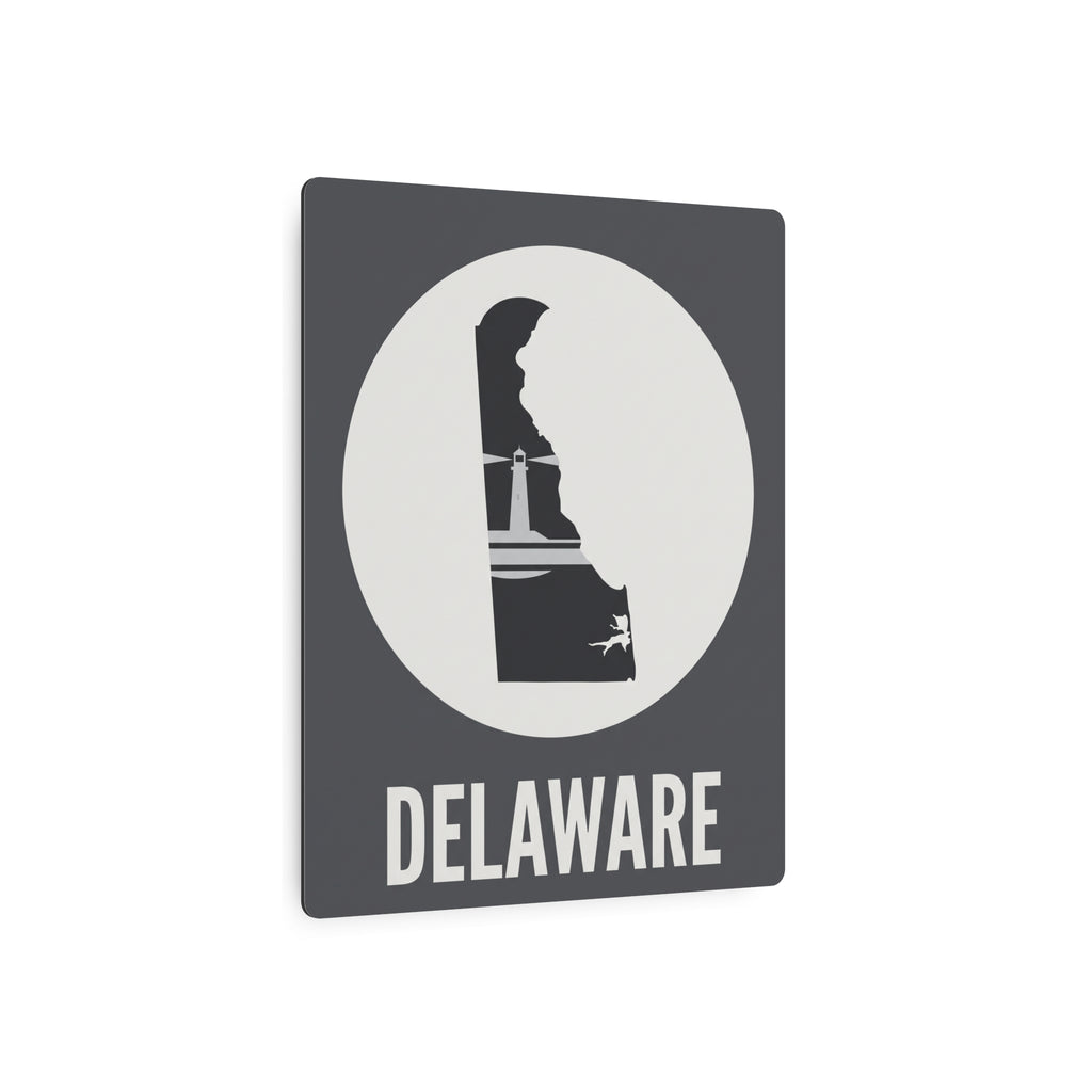 Square metal wall sign showing Delaware lighthouse silhouette in a circular graphic