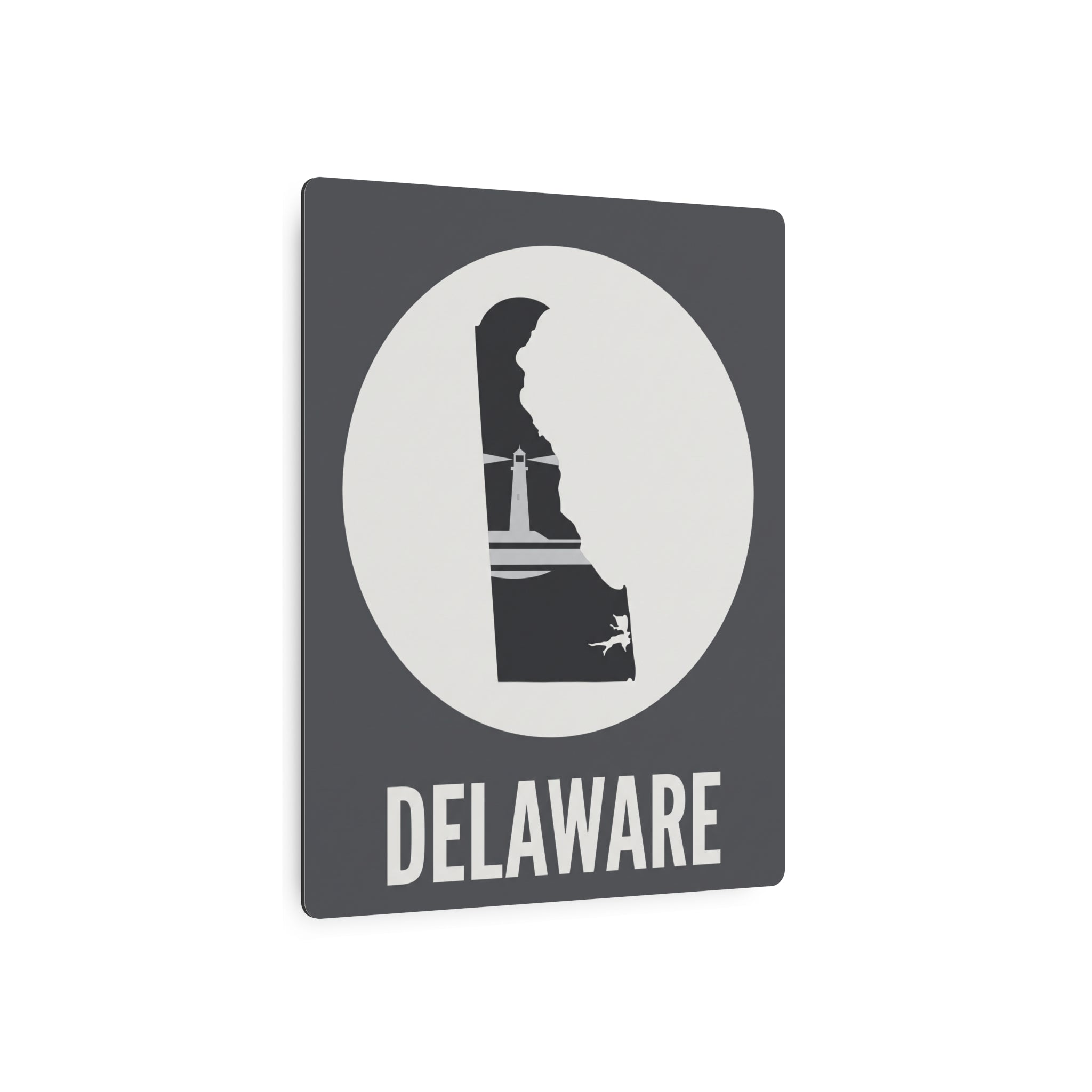 Square metal wall sign showing Delaware lighthouse silhouette in a circular graphic
