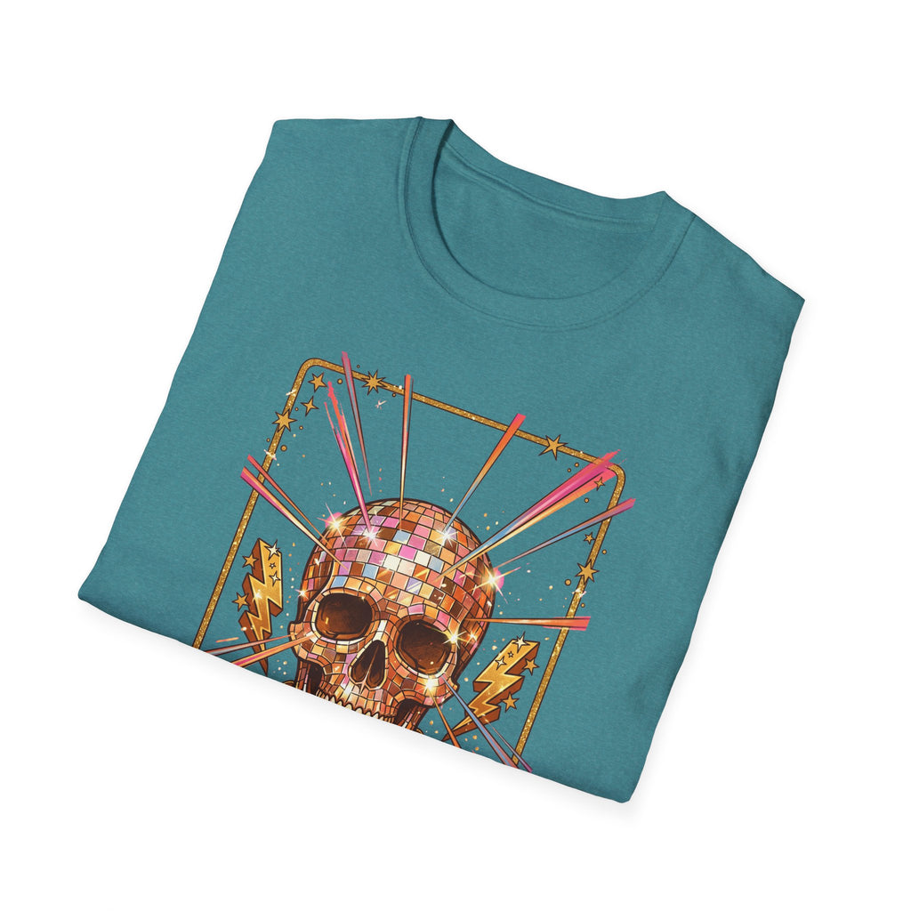Teal T-shirt with skull and mirror-ball retro front graphic