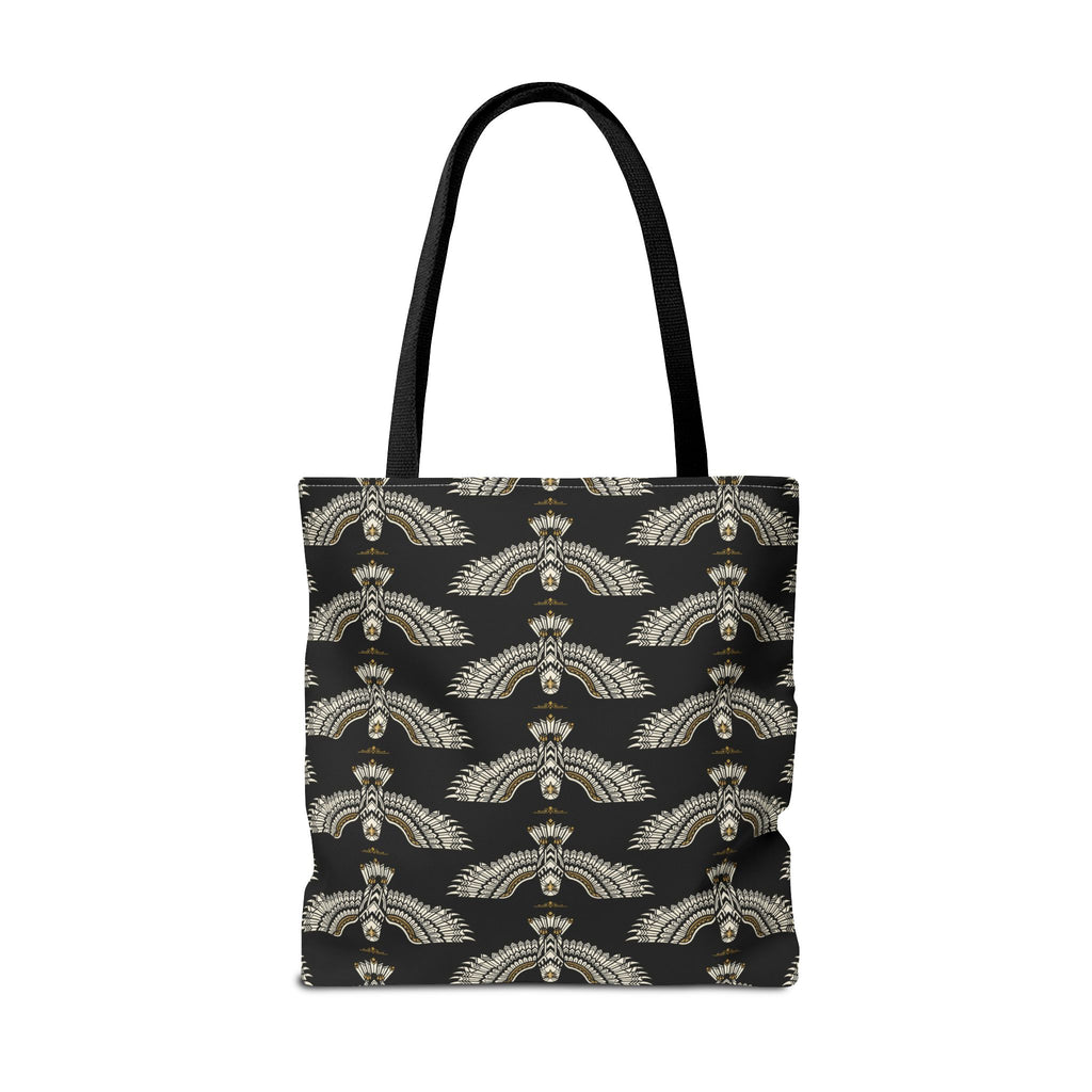 Black tote bag with repeating gold winged scarab pattern and sturdy black handles