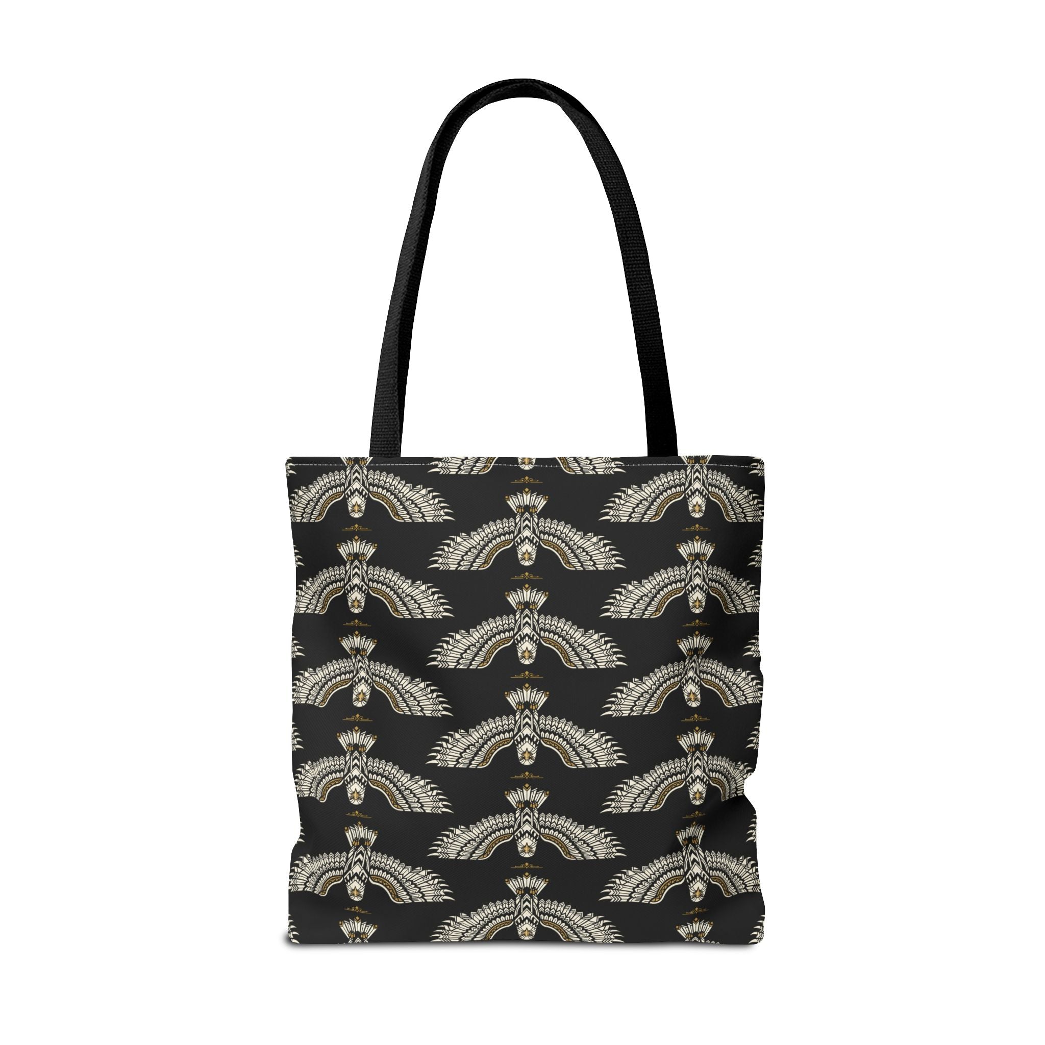 Black tote bag with repeating gold winged scarab pattern and sturdy black handles