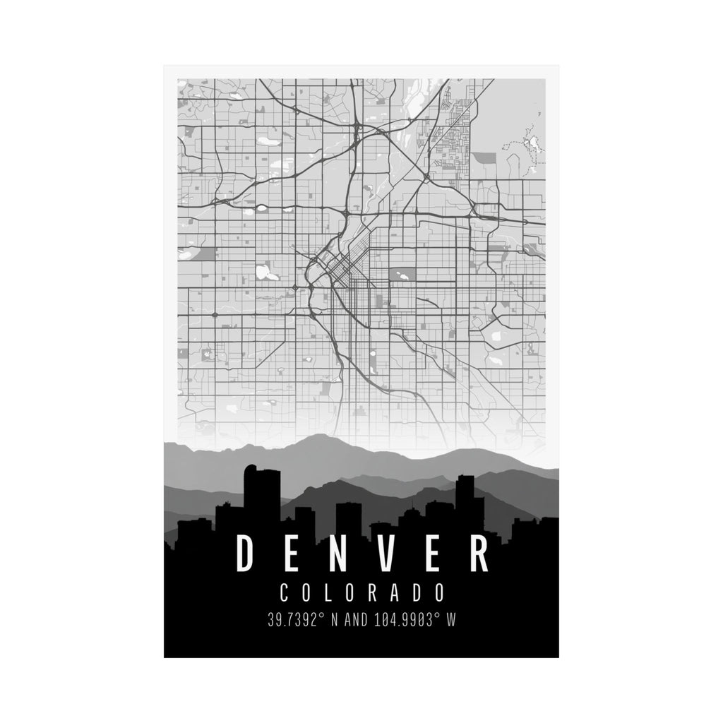 Denver Colorado skyline map poster featuring detailed city grid, highways, and dark skyline