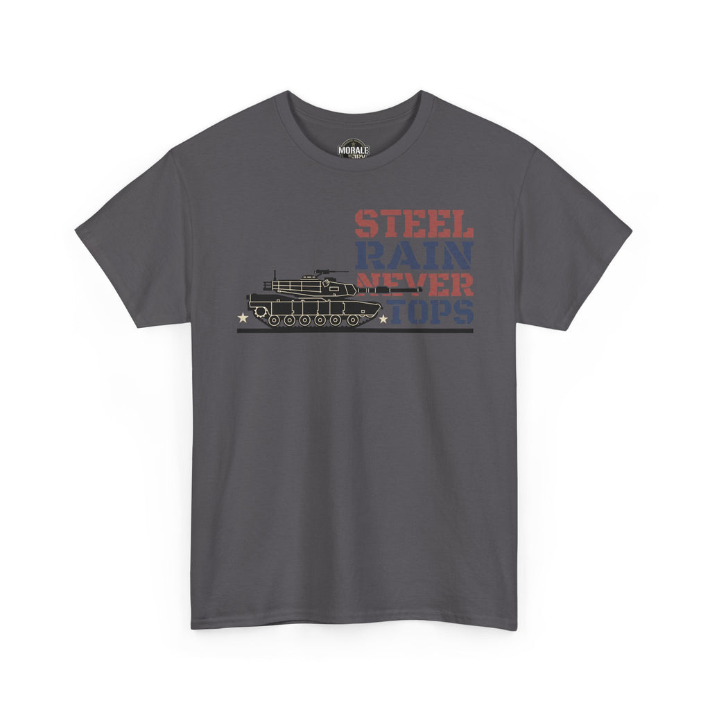 Charcoal T-shirt with tank graphic and bold text on the front