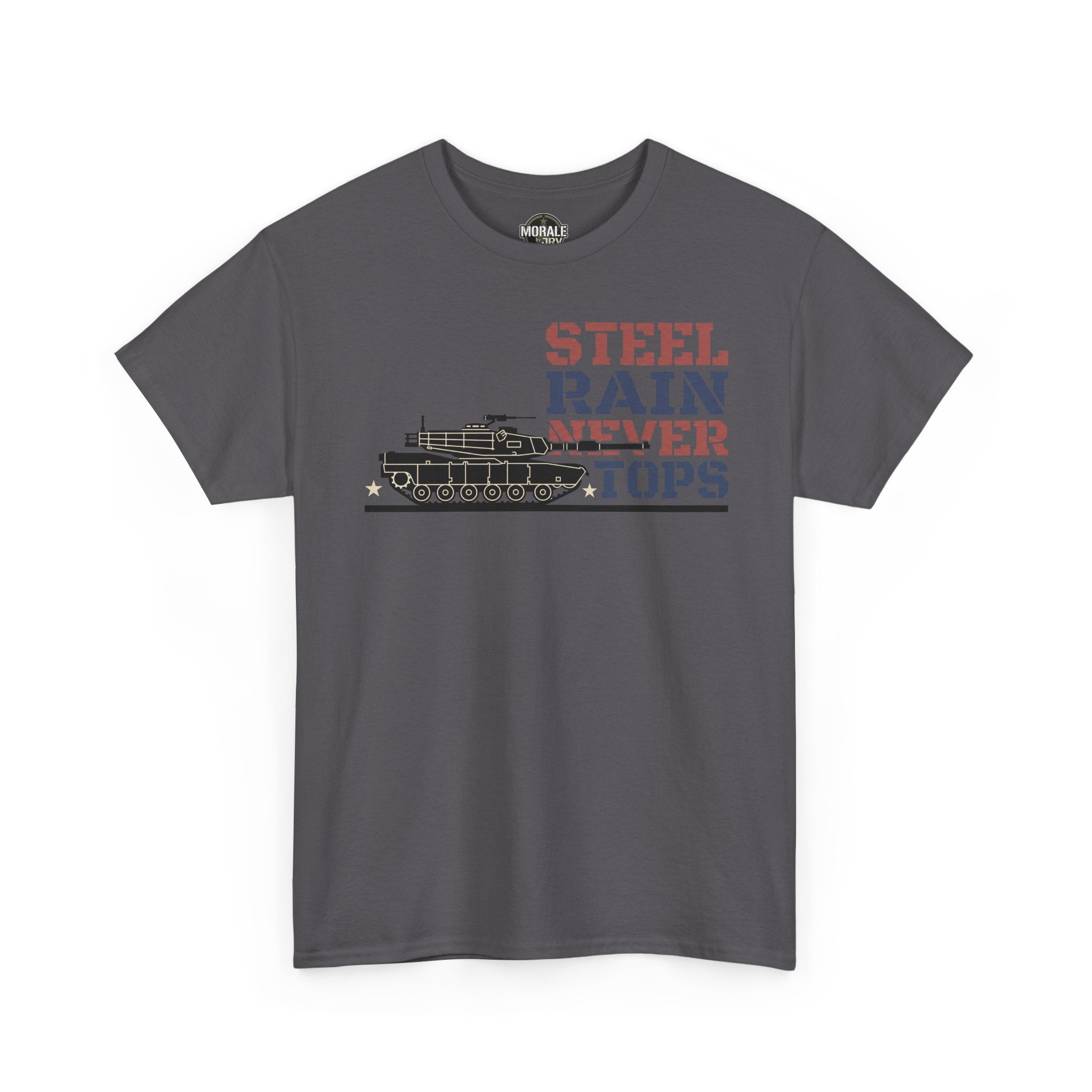 Charcoal T-shirt with tank graphic and bold text on the front