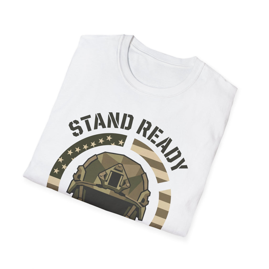 White crew-neck T-shirt with partial circular camo helmet graphic and “STAND READY” text