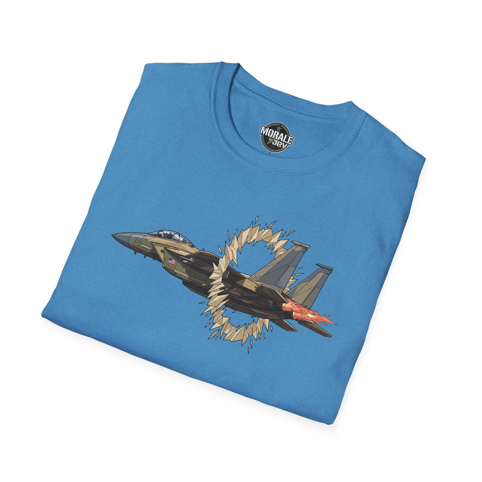 Light blue crew-neck T-shirt with fighter jet graphic and flame-burst design