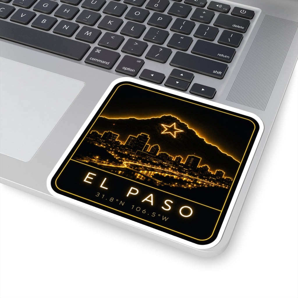 Square kiss-cut sticker with neon border line, star icon over El Paso skyline, coordinates