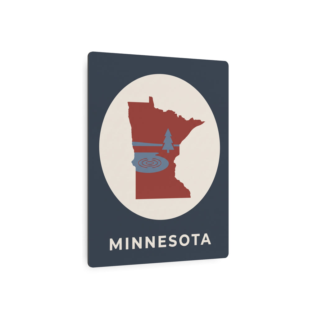 Dark blue square Minnesota metal wall art sign with circular red state graphic and “MINNESOTA”