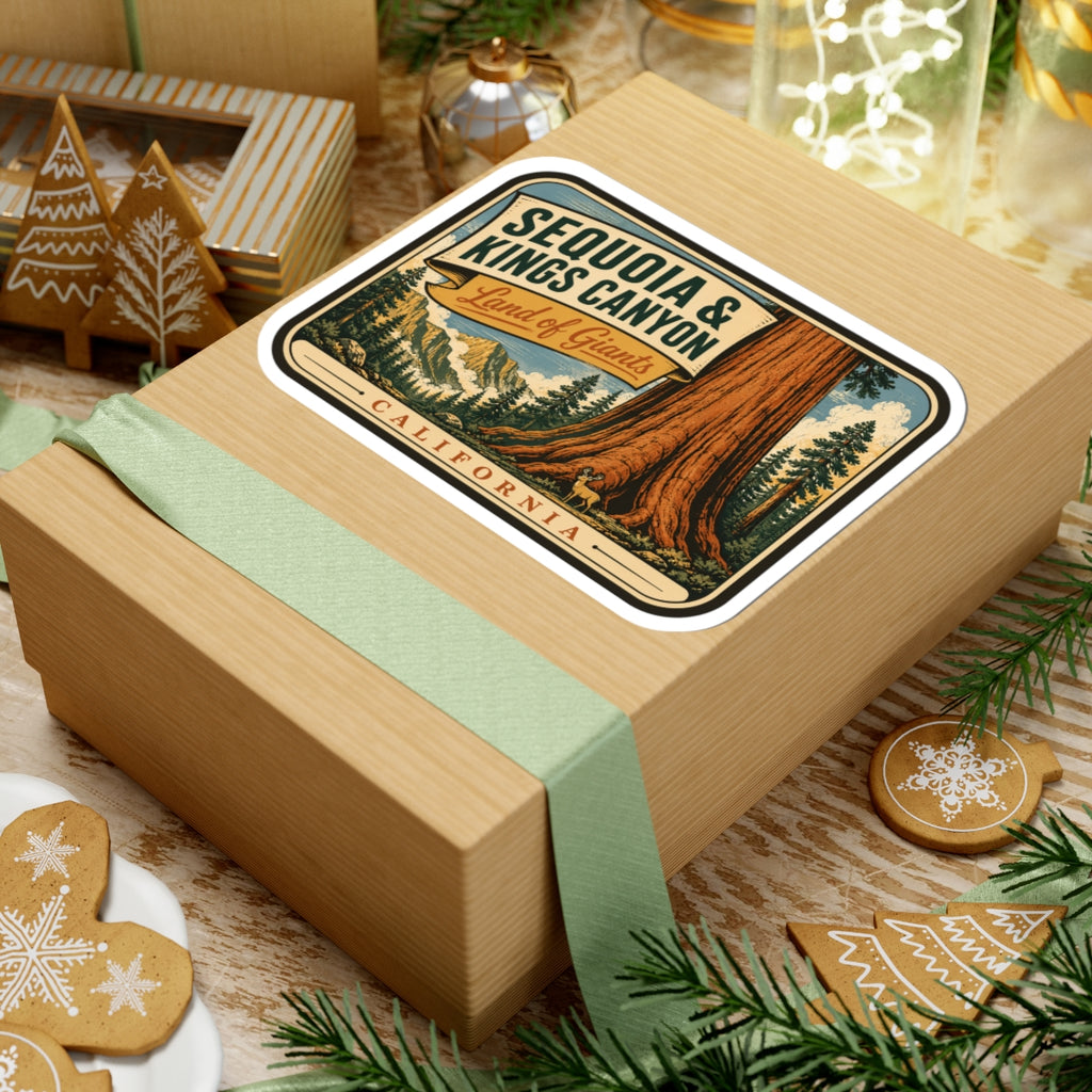 Travel sticker with Sequoia & Kings Canyon text, framed redwood tree illustration