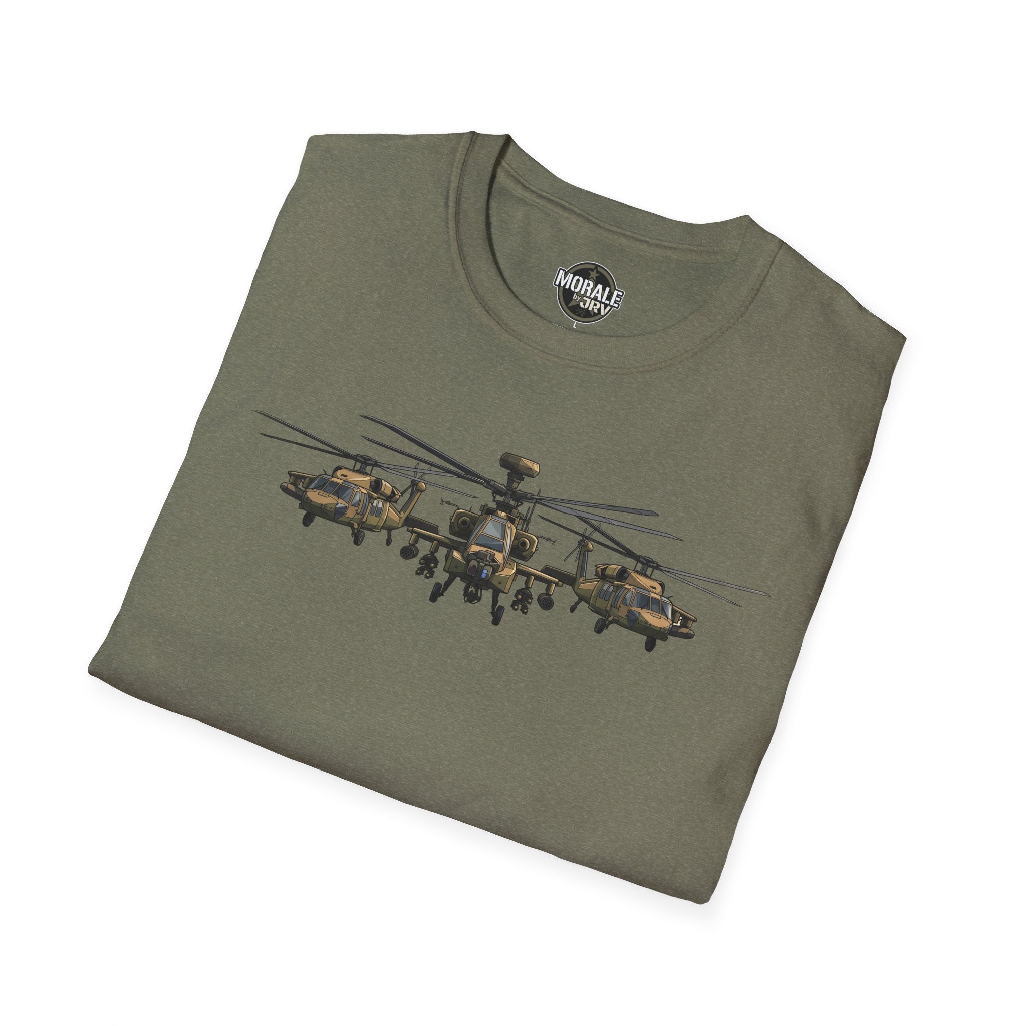 Military green T-shirt with Apache helicopter formation graphic across chest