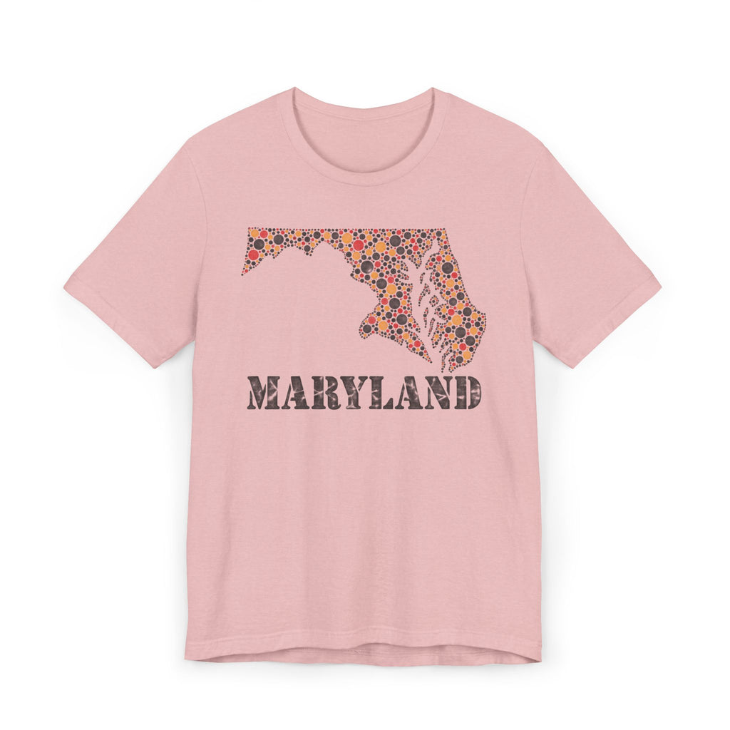 Pink Maryland floral map graphic T-shirt with dotted map and 'MARYLAND' lettering