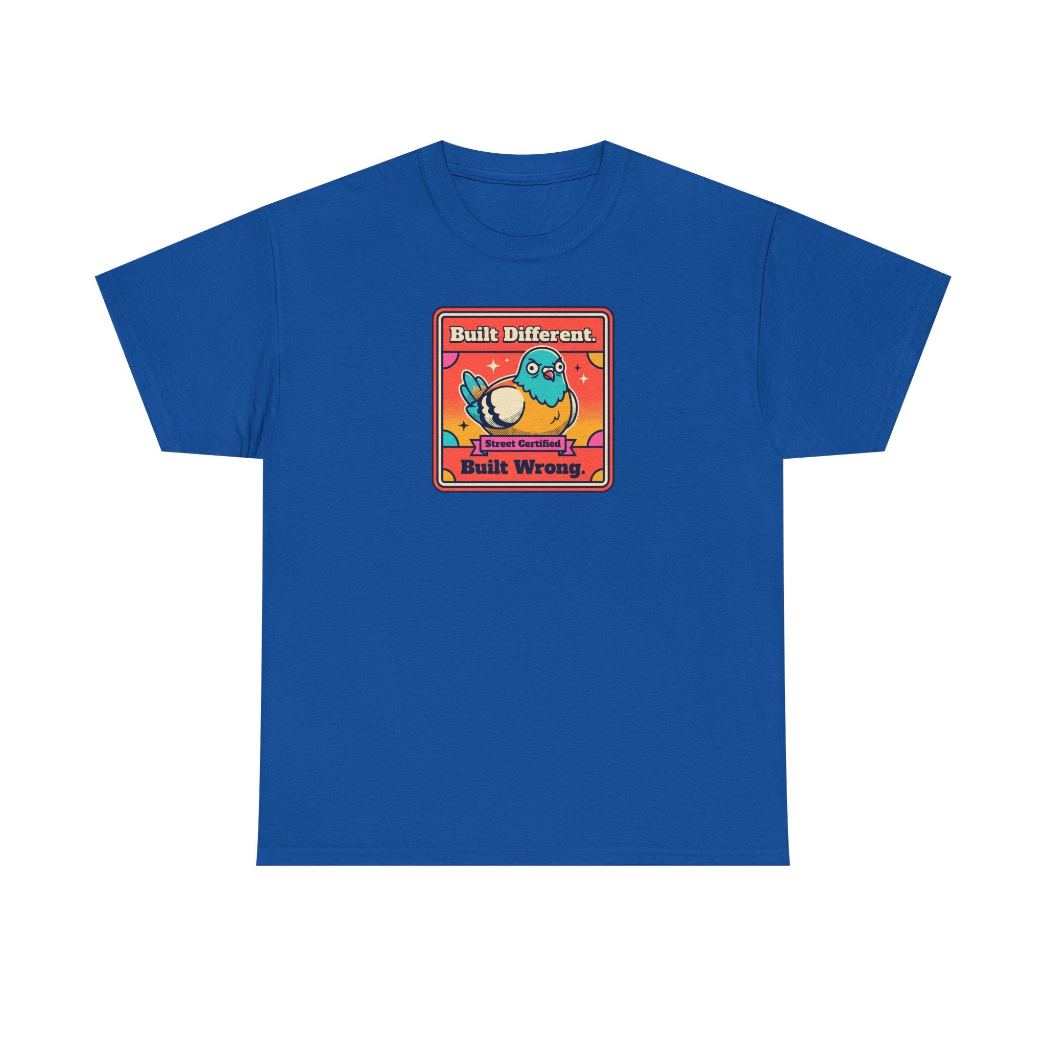 Royal blue t-shirt with framed bird graphic, 'Built Different' and 'Built Wrong' text.
