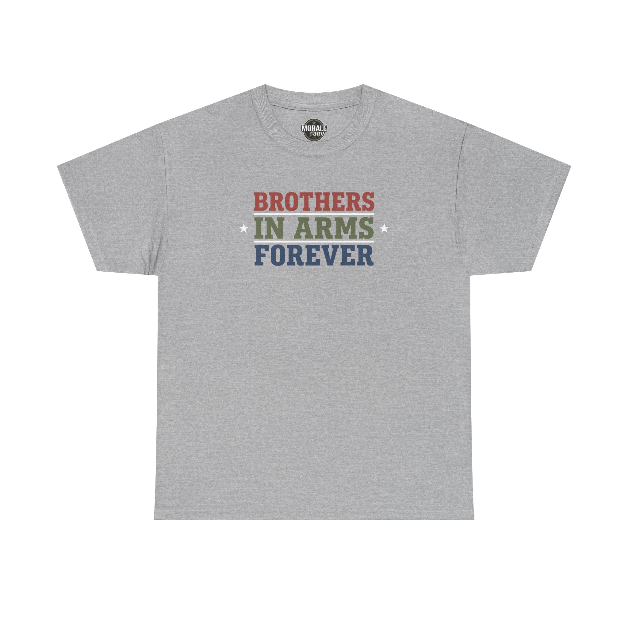 Sport grey T-shirt with 'Brothers in Arms Forever' retro block text and stars
