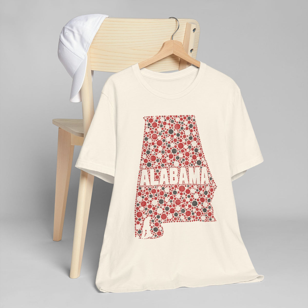 Cream short-sleeve T-shirt with red floral Alabama state outline graphic