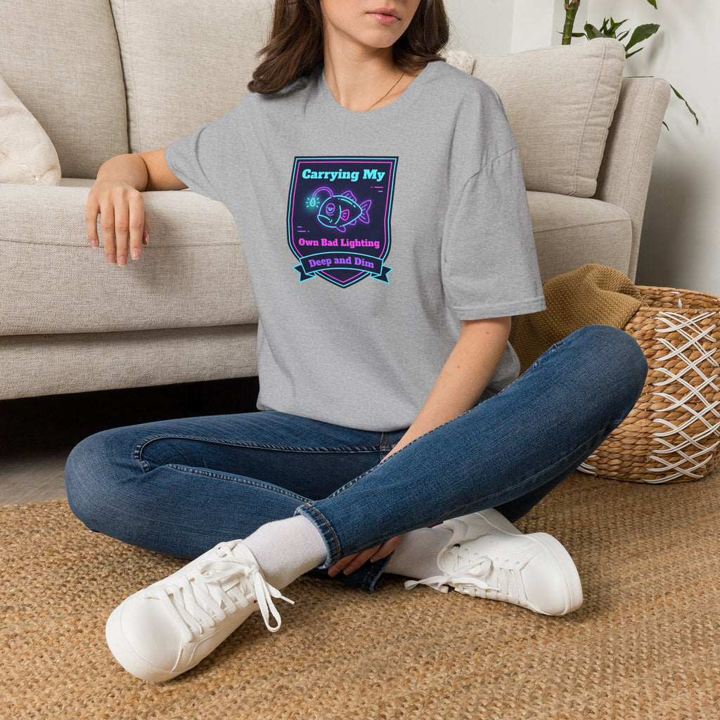 Sport gray short-sleeve T-shirt with neon anglerfish graphic on chest.