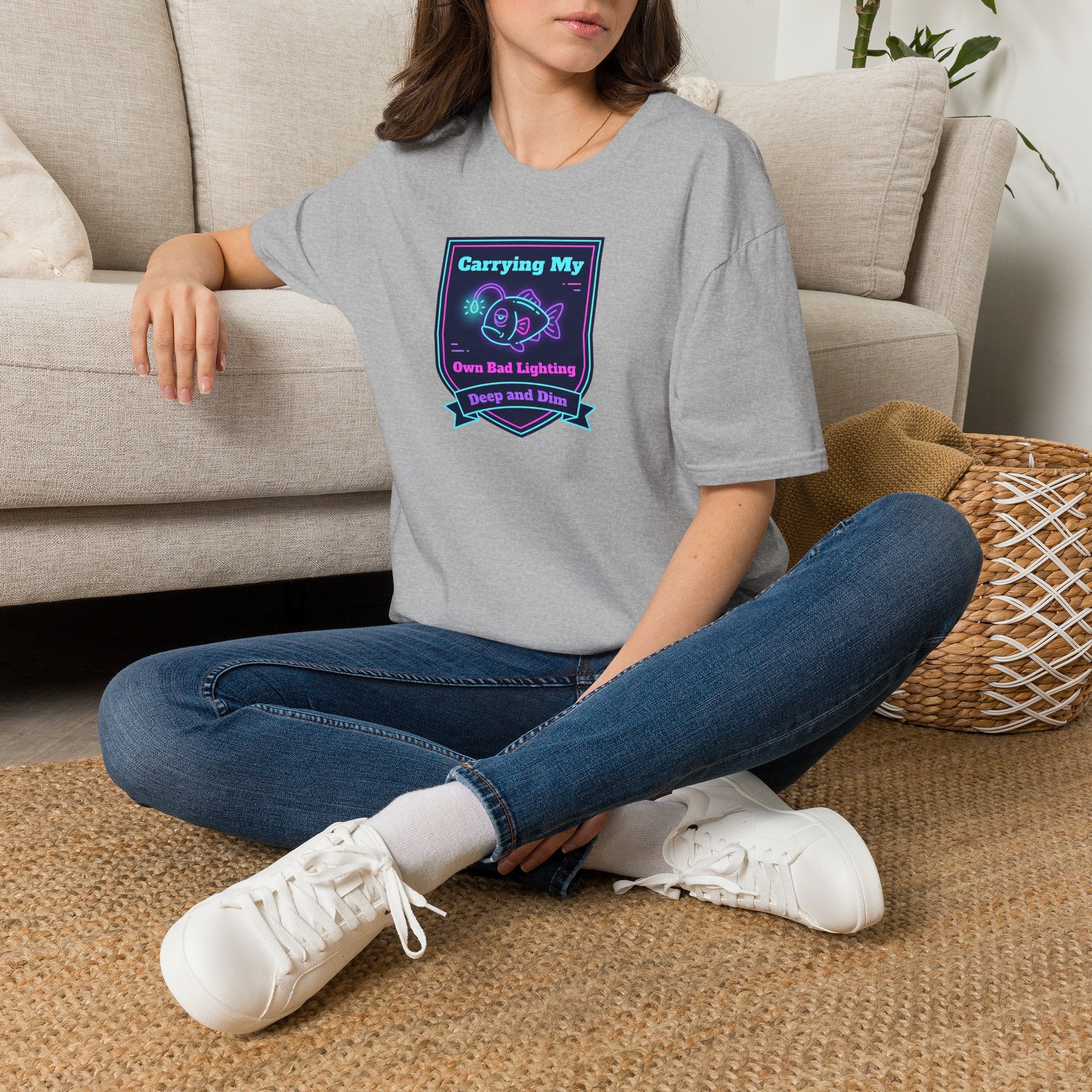 Sport gray short-sleeve T-shirt with neon anglerfish graphic on chest.