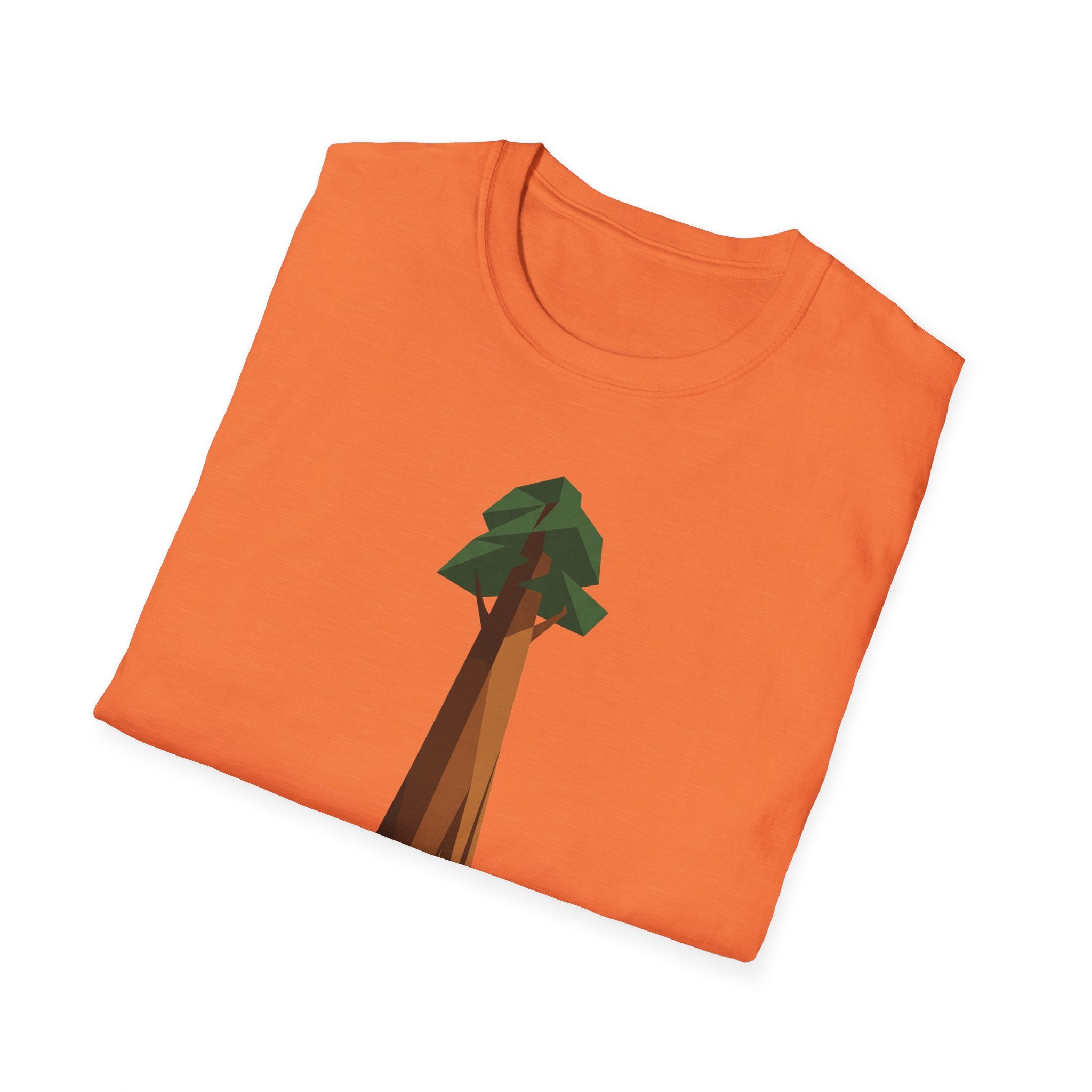 Orange crew-neck T-shirt with geometric low-poly redwood tree graphic on front