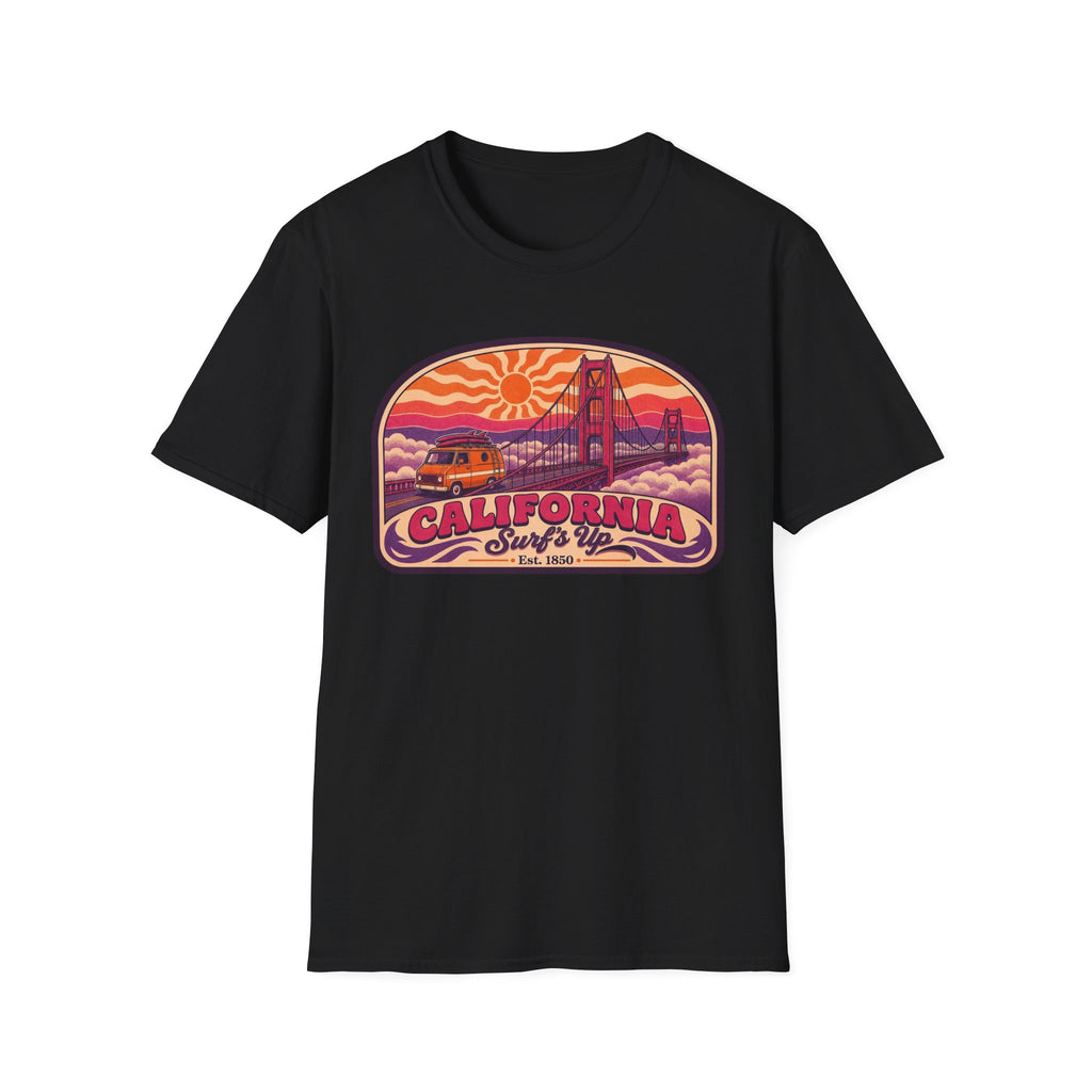 Black unisex T-shirt with California bridge graphic and Surf's Up text