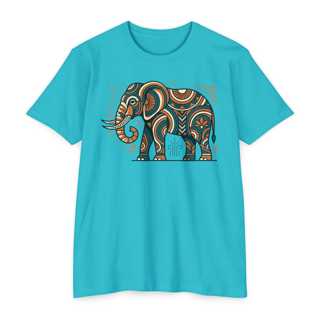 Teal T-shirt with colorful elephant graphic on the chest, crew neck, short sleeves.