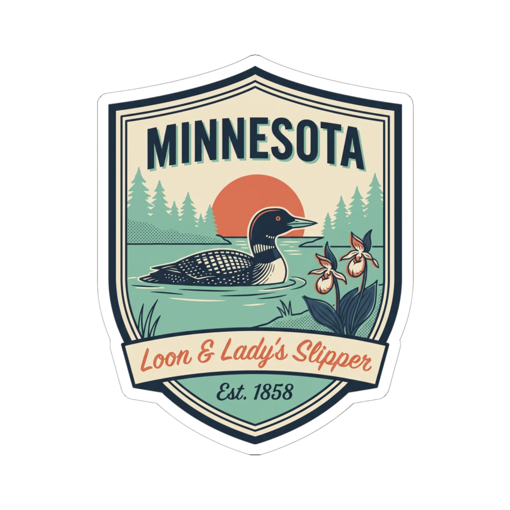 Minnesota state badge decal sticker: loon and lady's slipper, with Est. 1858 text