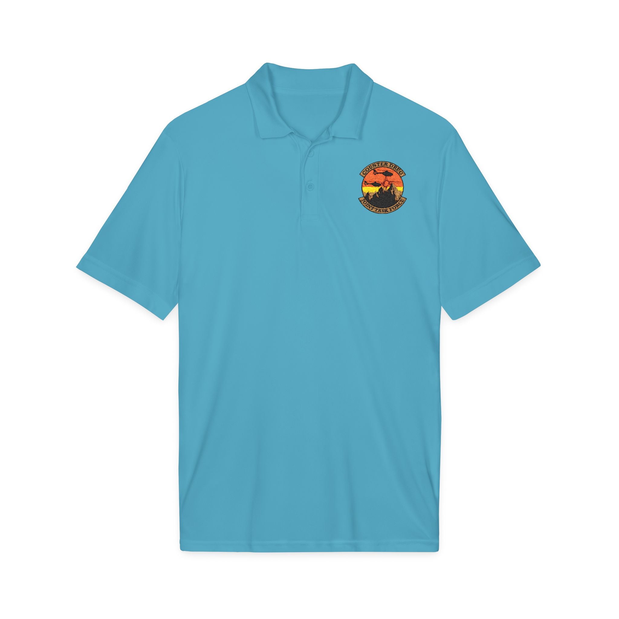 Blue polo shirt with embroidered crest on chest, short sleeves, button placket