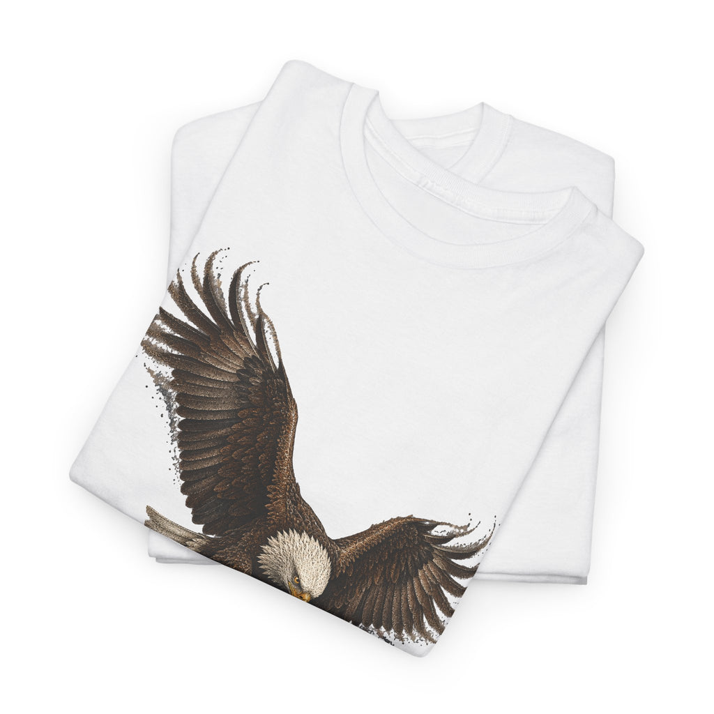 White crewneck T-shirt with brown eagle graphic on front hem
