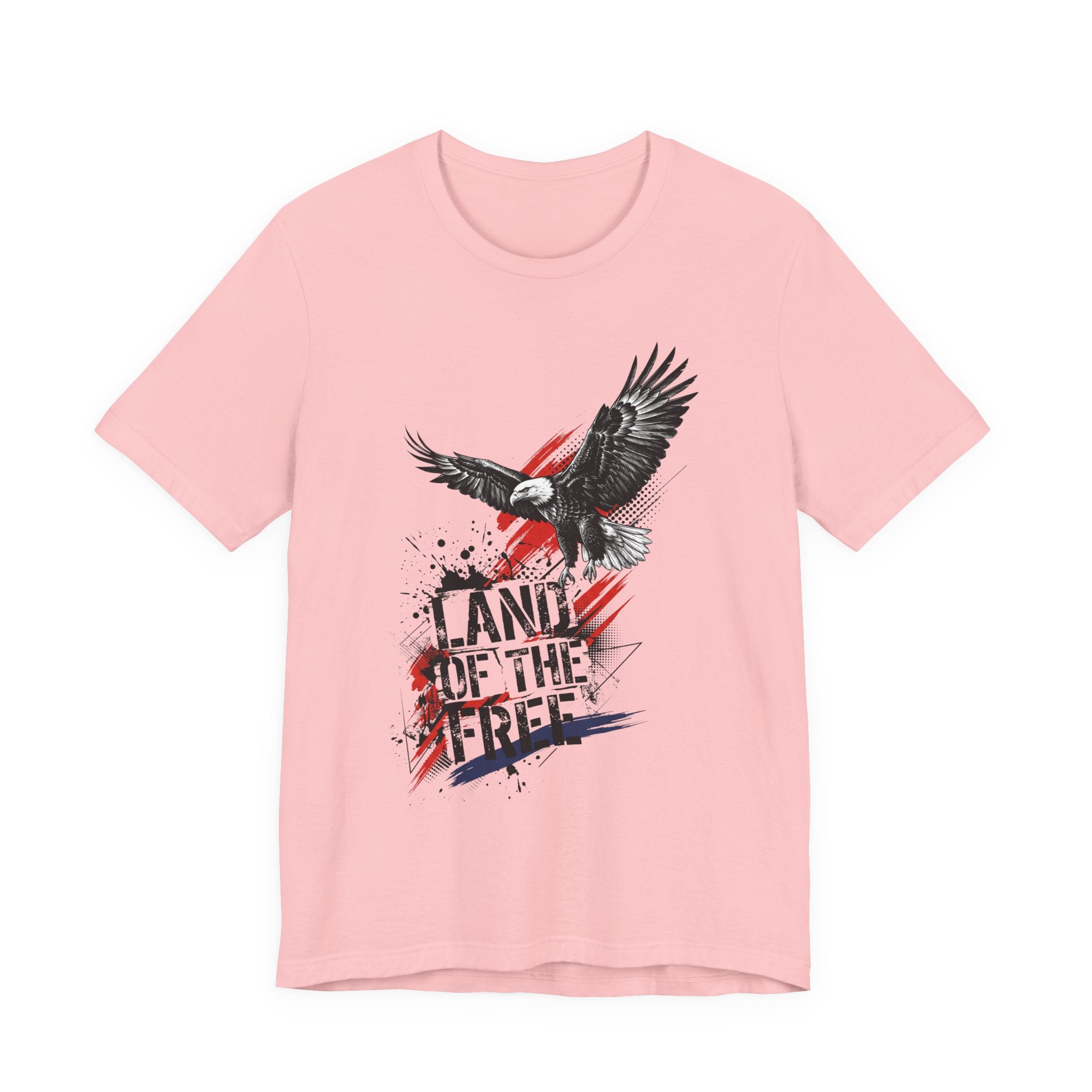 Pink graphic eagle t-shirt with distressed patriotic text and flag-style stripes