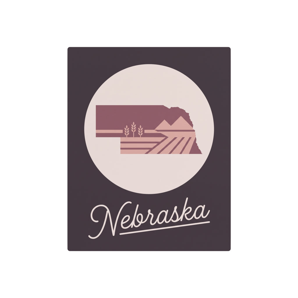 Nebraska metal wall sign with circular landscape emblem and 'Nebraska' cursive
