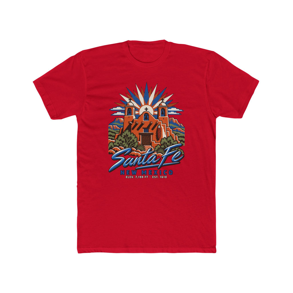 Red short-sleeve T-shirt with Santa Fe New Mexico Pueblo illustration graphic