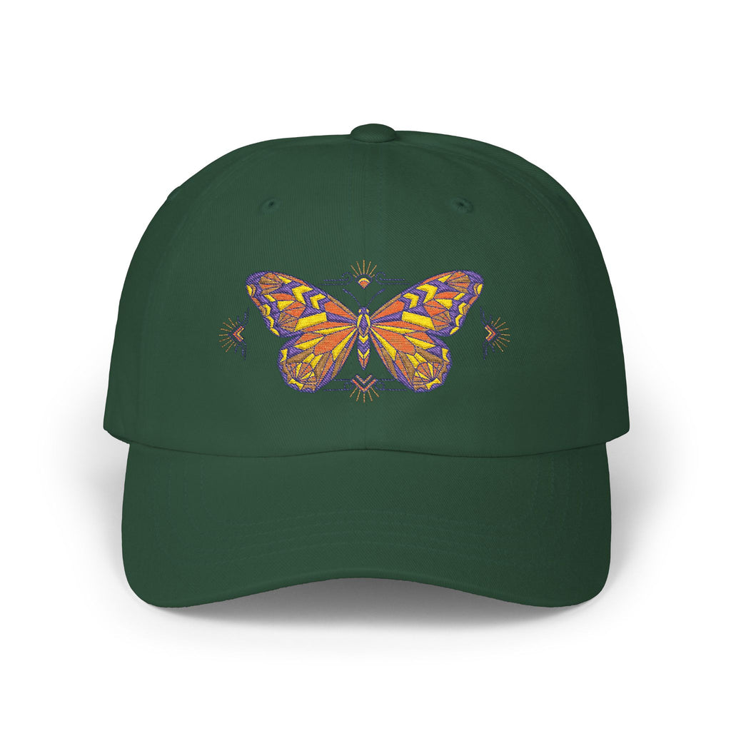Dark green dad cap with colorful butterfly-moth embroidery on the front panel