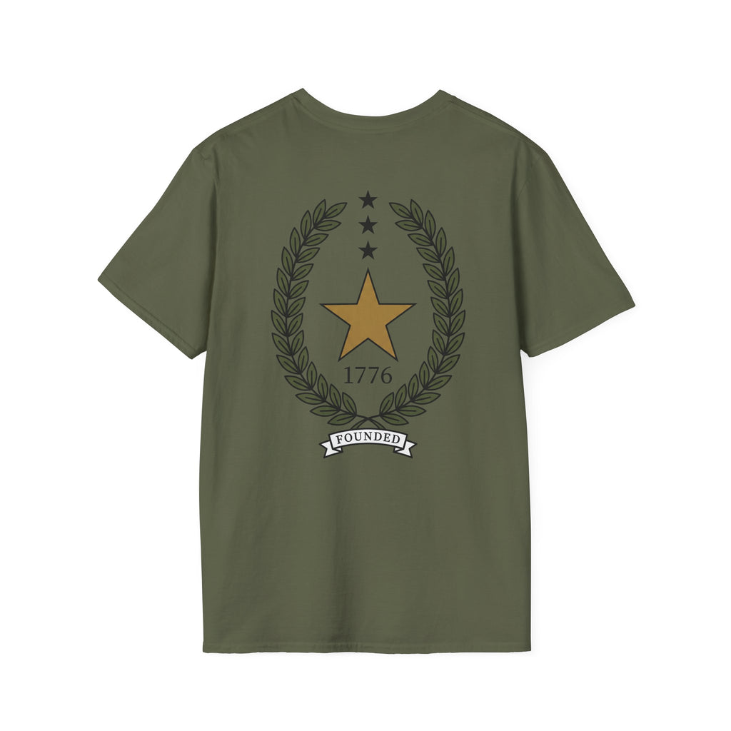 Military green T-shirt with gold 1776 star, laurel wreath, and FOUNDED ribbon