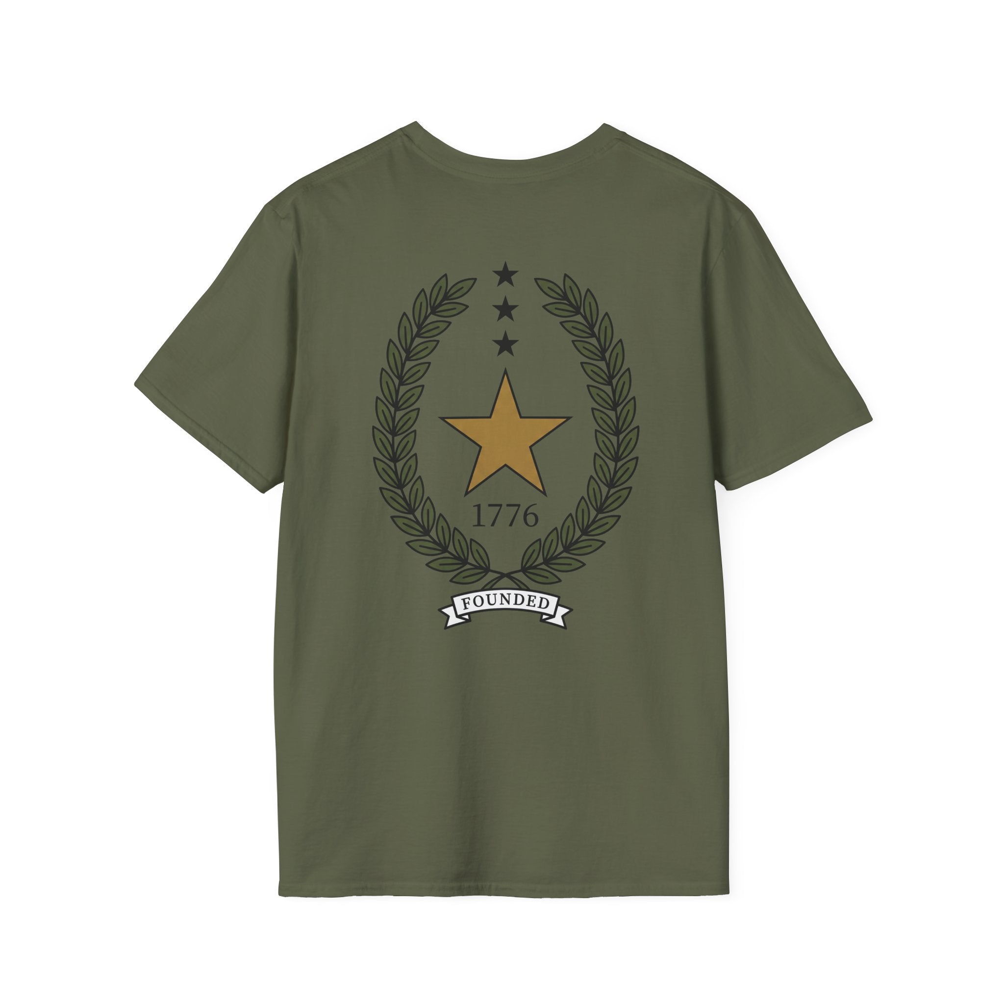Military green T-shirt with gold 1776 star, laurel wreath, and FOUNDED ribbon