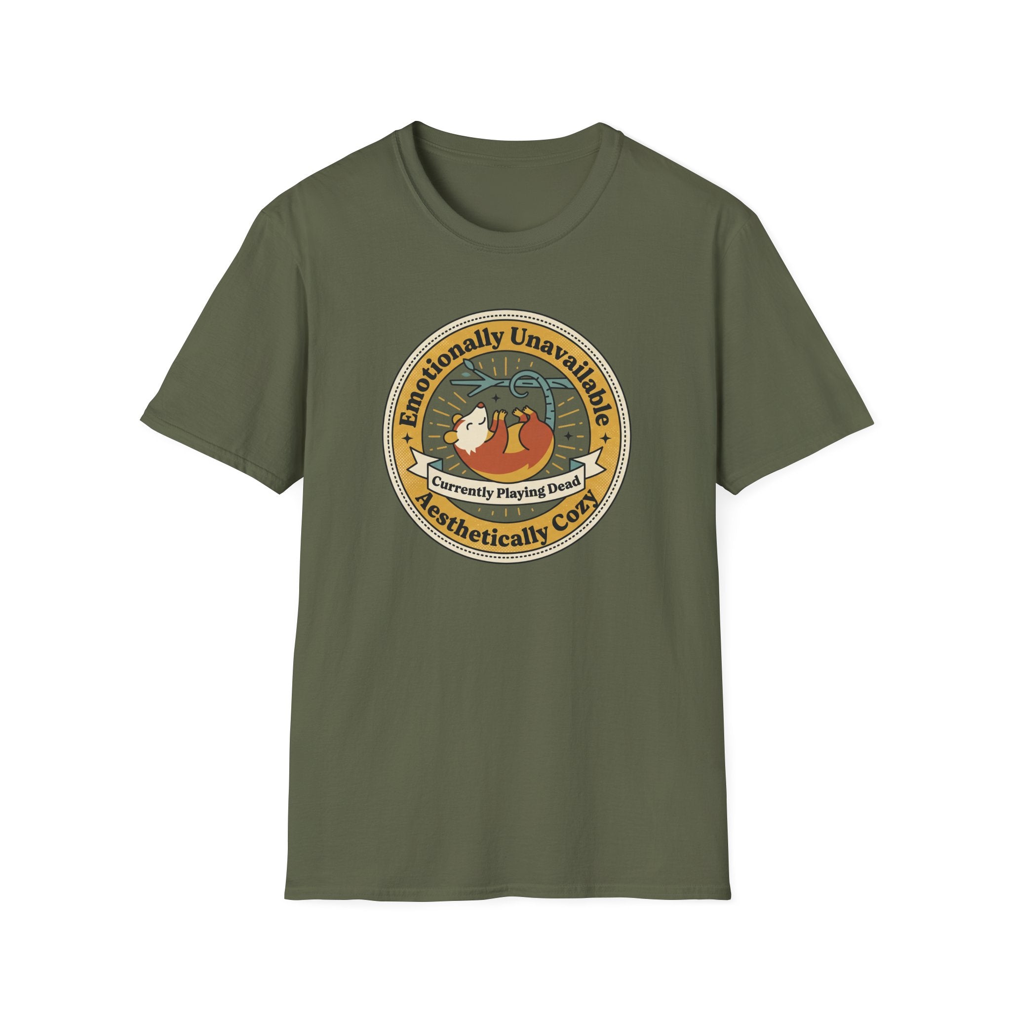 Olive green T-shirt with circular sloth “Emotionally Unavailable” play-dead graphic