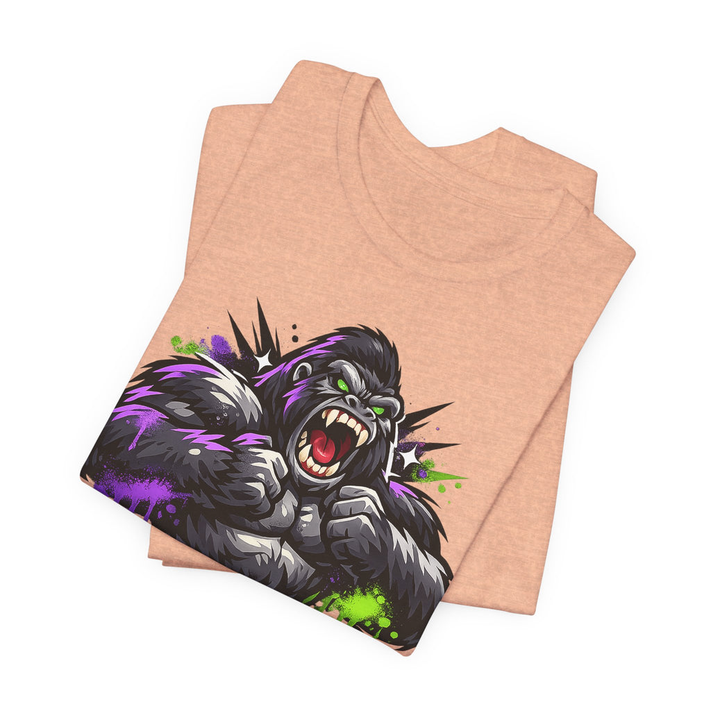 Peach unisex graphic tee with roaring gorilla face print in purple and green.