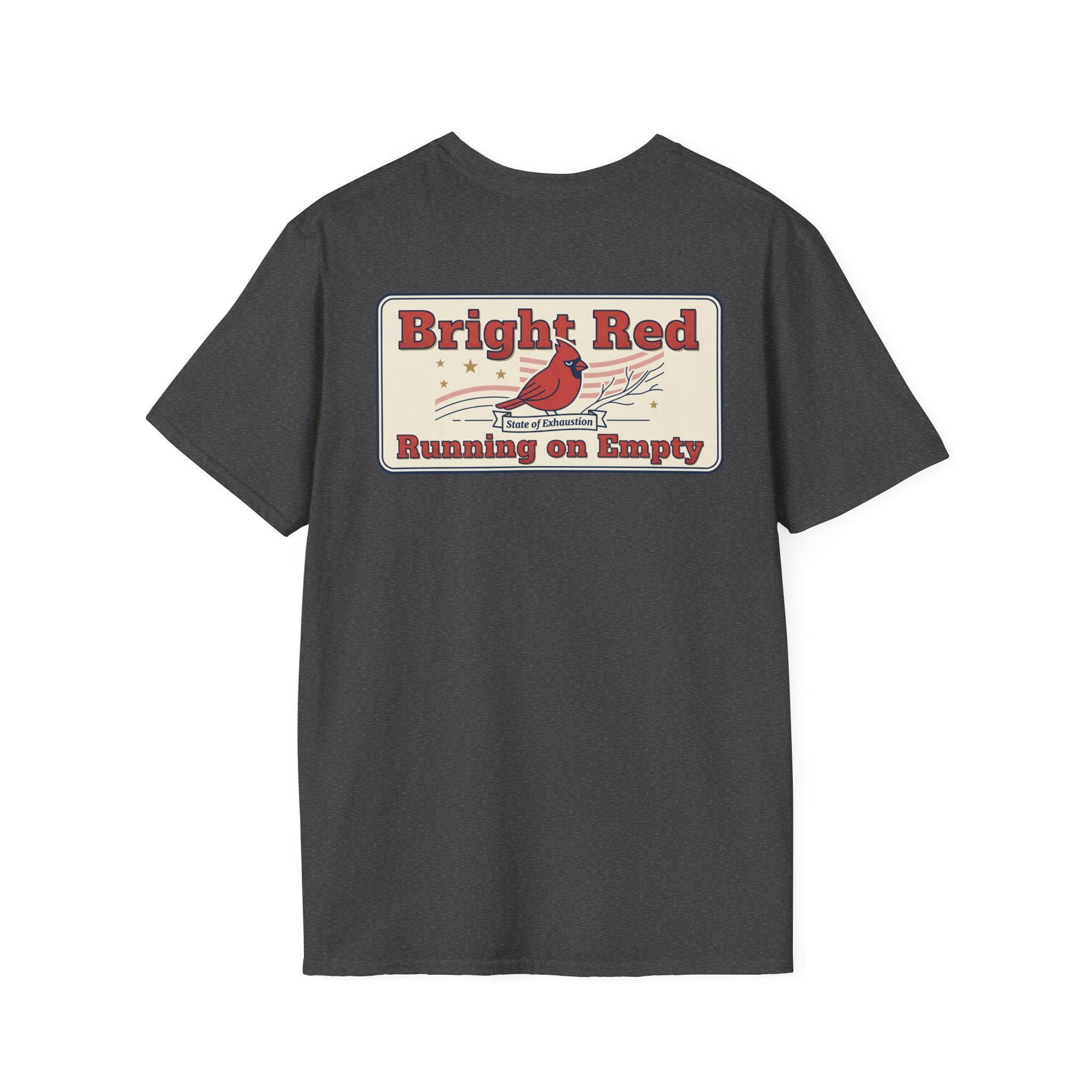 Dark gray unisex T-shirt with Bright Red back graphic and cardinal bird print