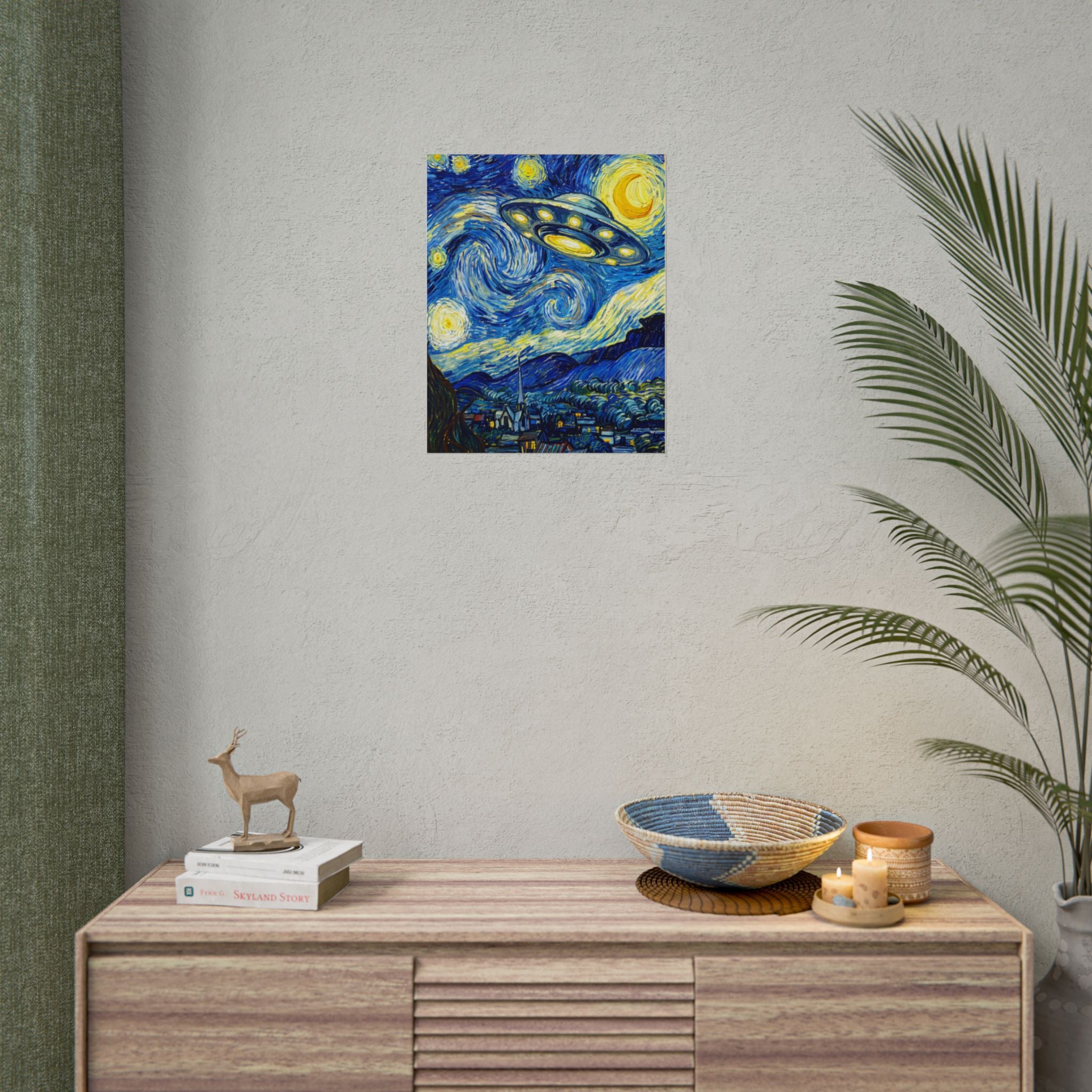 Small square poster showing a glowing UFO drifting over blue swirls and a yellow full moon