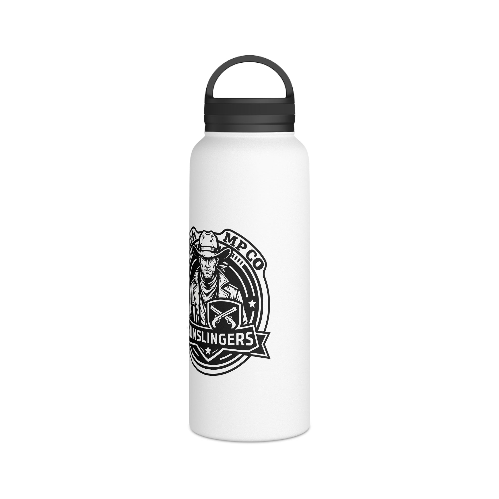White stainless steel water bottle with black lid and centered Gunslingers crest logo