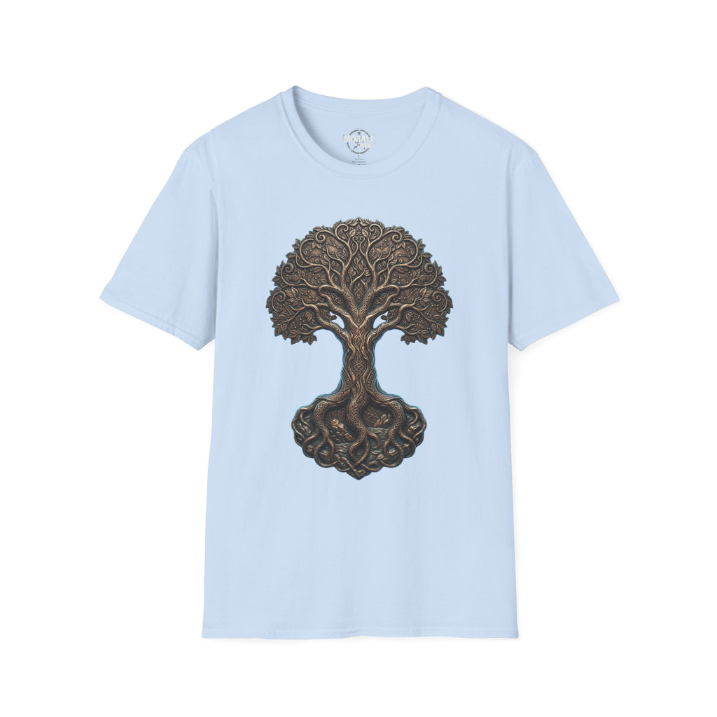 Light blue T-shirt with Celtic Tree of Life knotwork oak front design