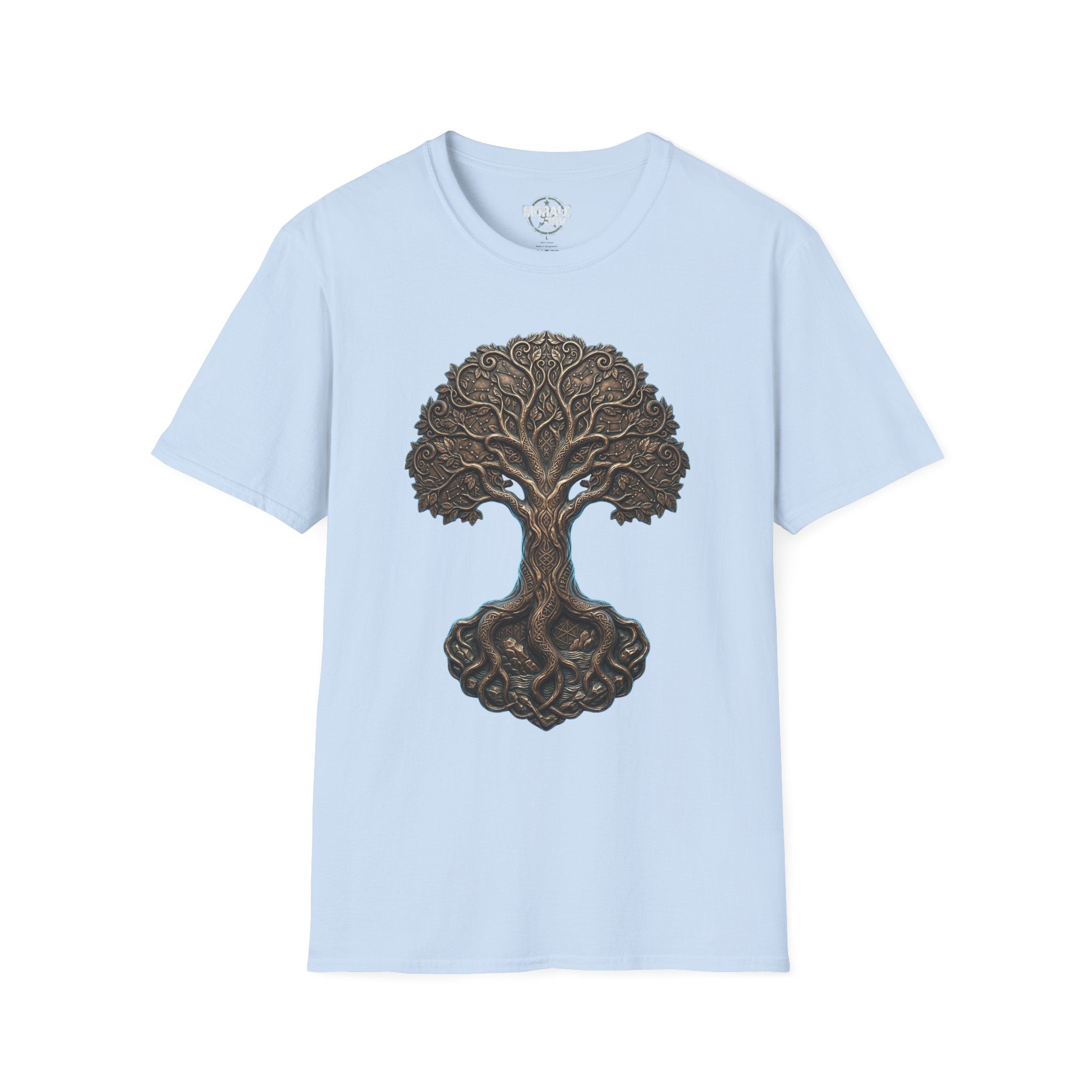 Light blue T-shirt with Celtic Tree of Life knotwork oak front design