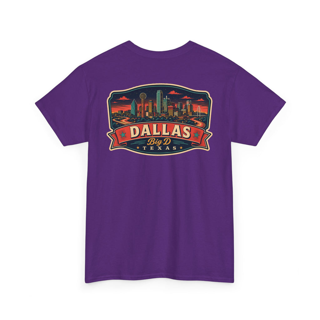 Purple crewneck T-shirt with Dallas skyline luggage tag graphic on chest
