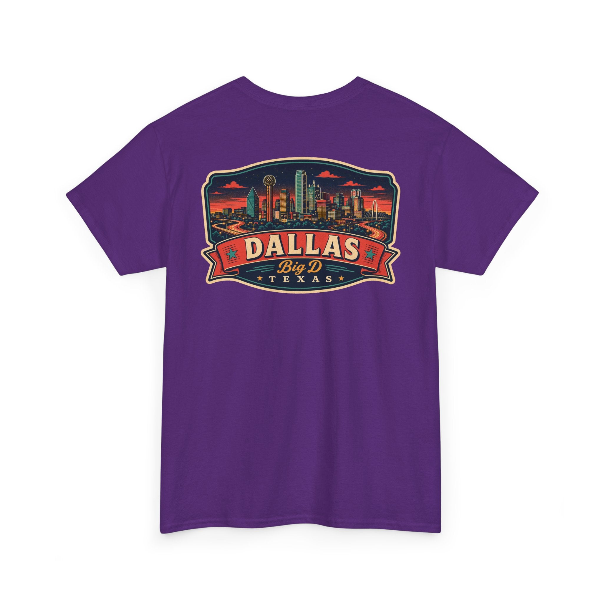 Purple crewneck T-shirt with Dallas skyline luggage tag graphic on chest