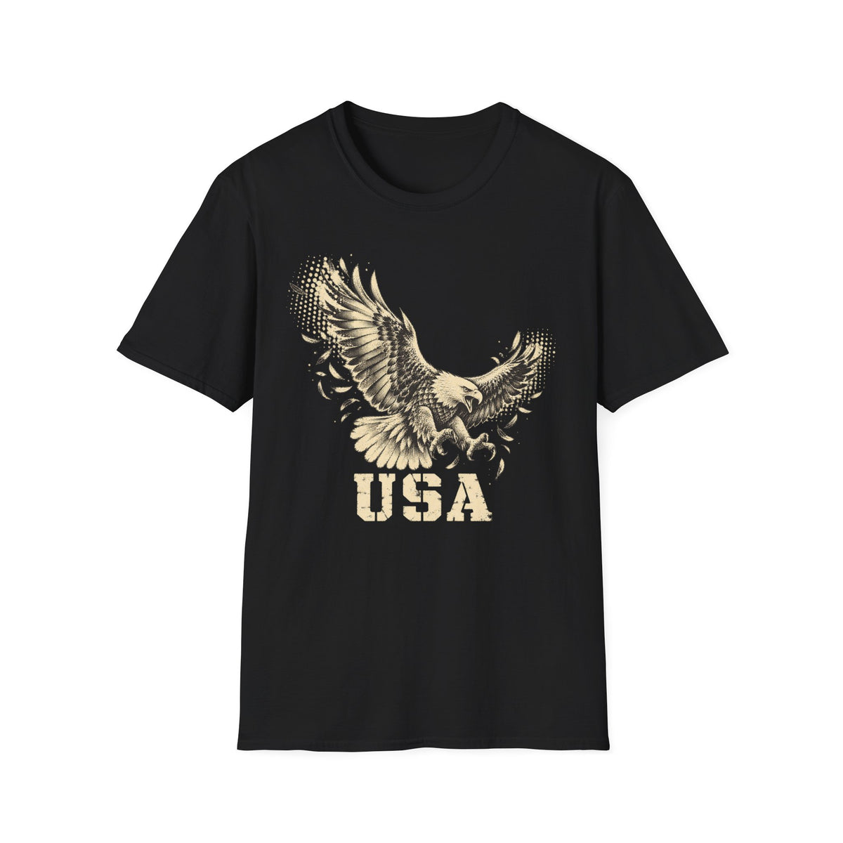 Black crew-neck T-shirt with soaring bald eagle and “USA” graphic print