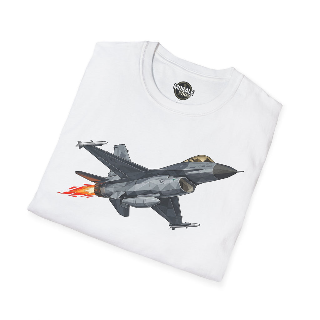 White F-16 fighter jet T-shirt with gray jet graphic and orange flames