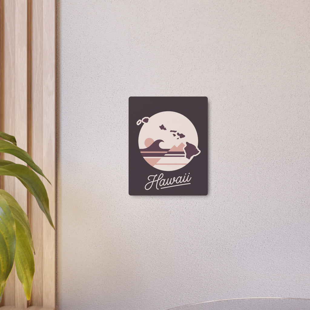 Square metal wall art with Hawaii silhouette, waves, and cursive 'Hawaii' script on dark plaque