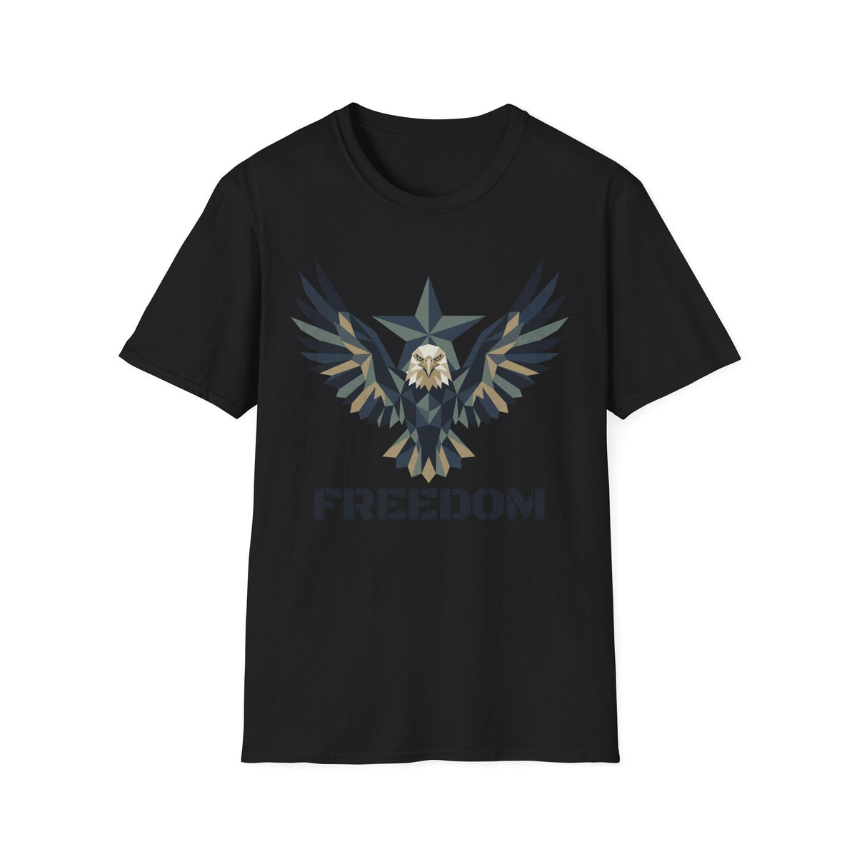 Black eagle camo graphic T-shirt with winged emblem and “FREEDOM” text