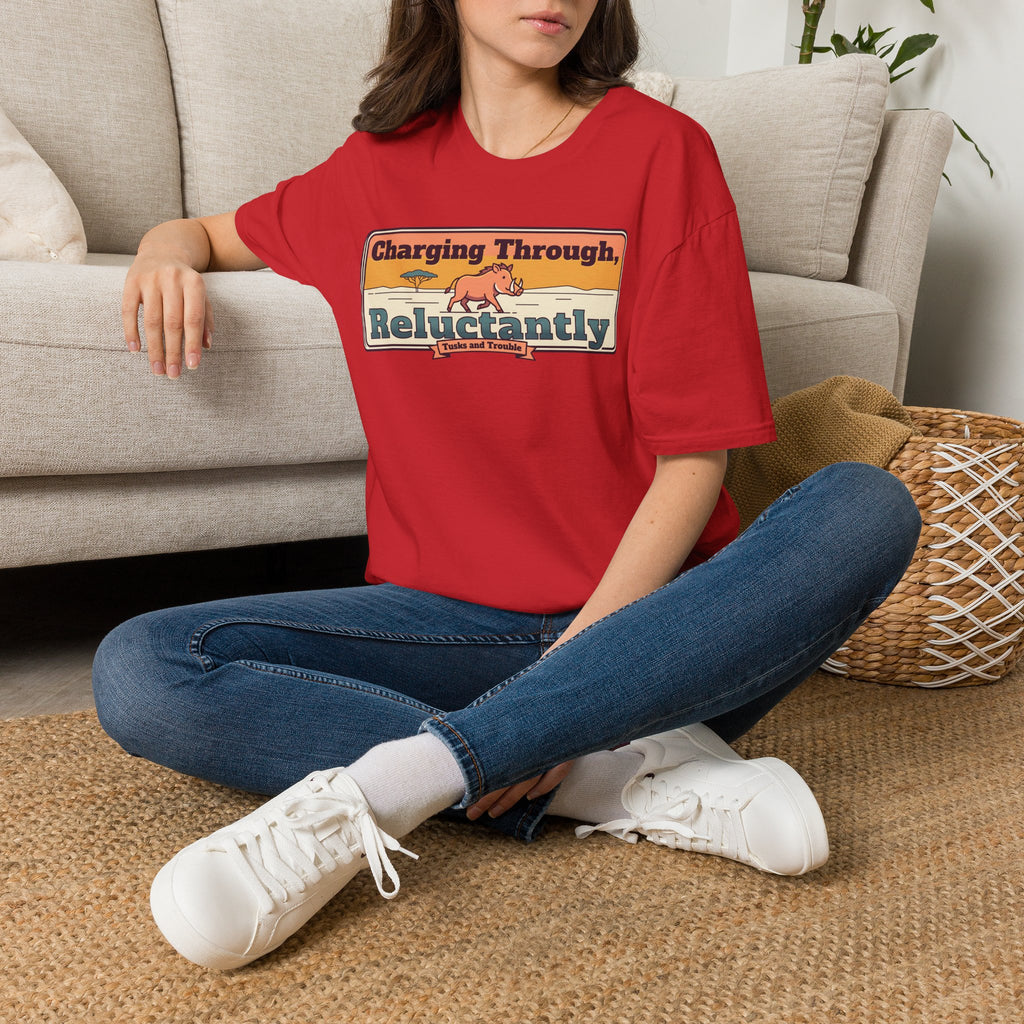 Red T-shirt with retro rhino graphic and slogan on the chest