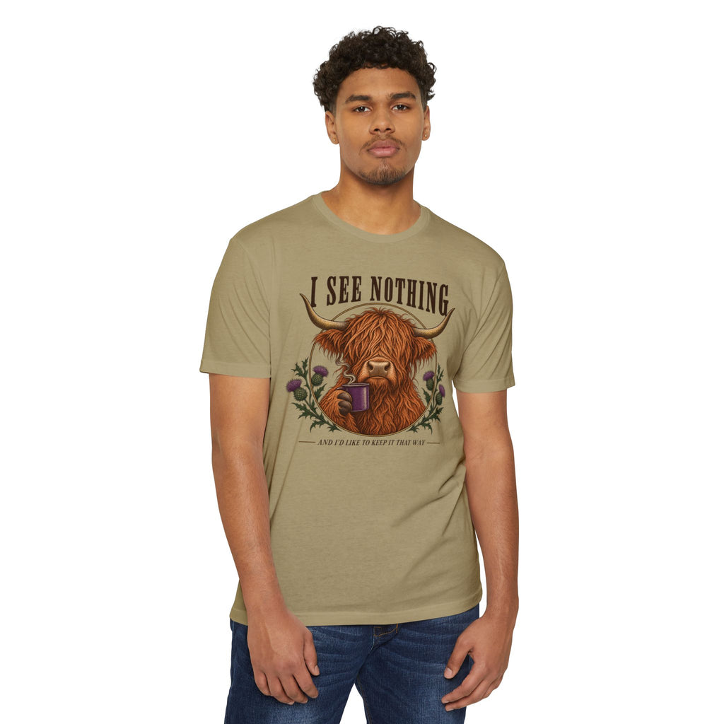 Olive t-shirt with Highland cow graphic and funny text on the chest