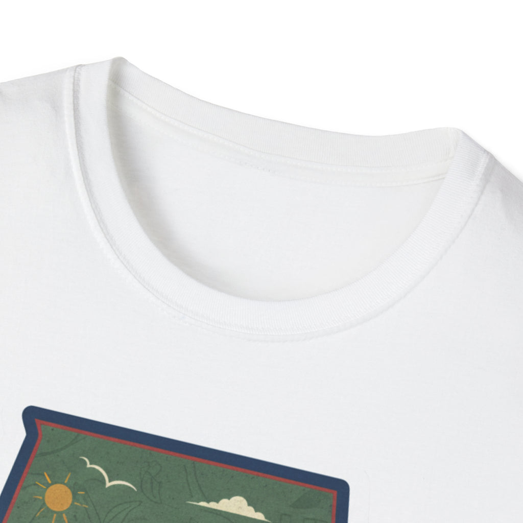 I Am Alabama T-shirt close-up of white collar and top of state landscape graphic