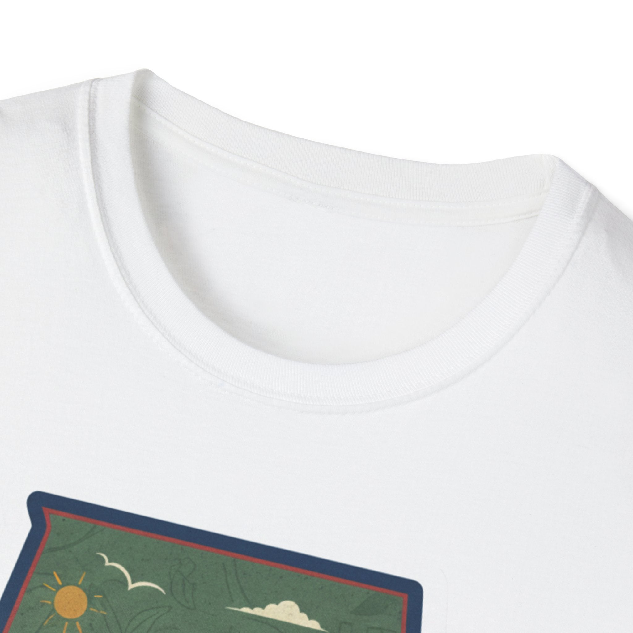 I Am Alabama T-shirt close-up of white collar and top of state landscape graphic
