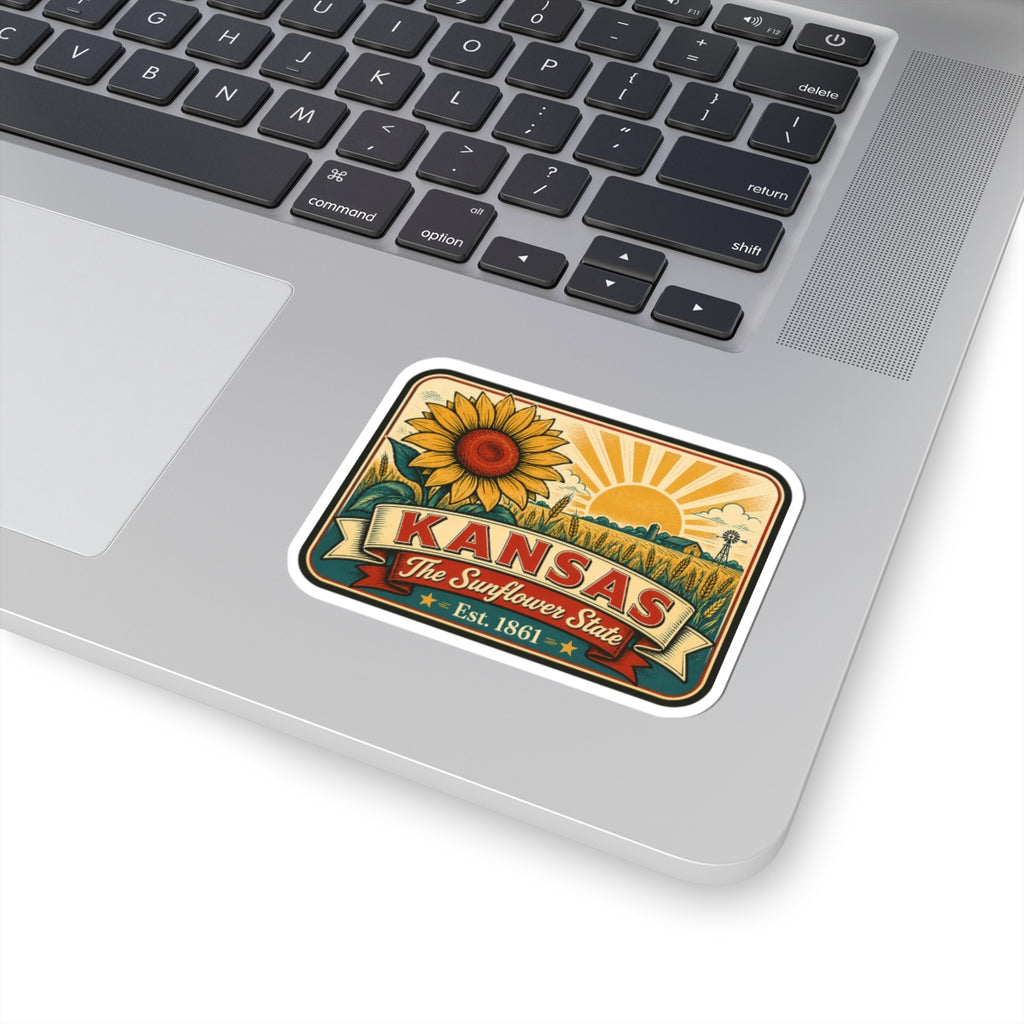Kansas sunflower sticker decal on laptop, retro prairie landscape badge